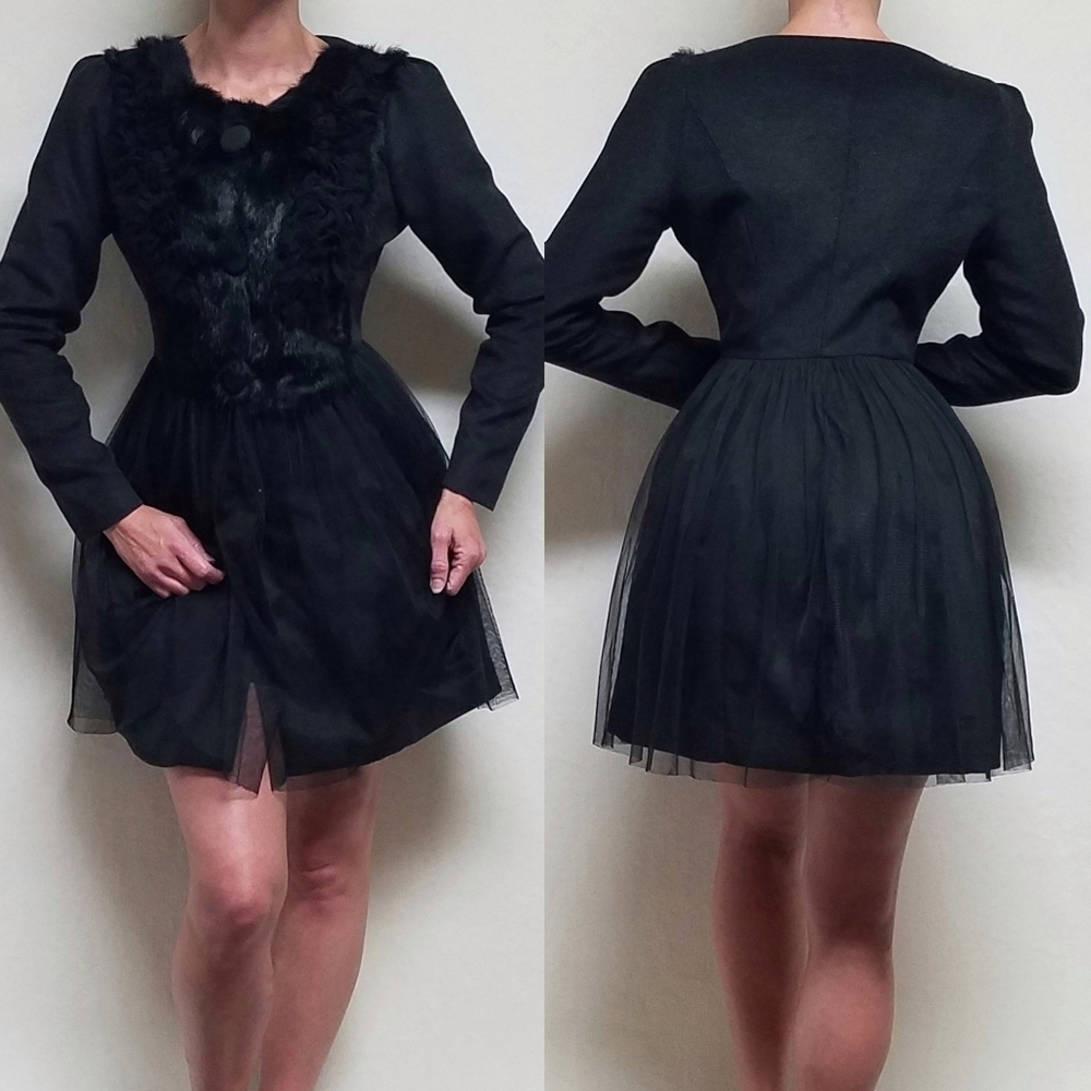 Modcloth Ryu Charcoal Rabbit Fur Tulle Wool Blend Button Up Coat Dress Small